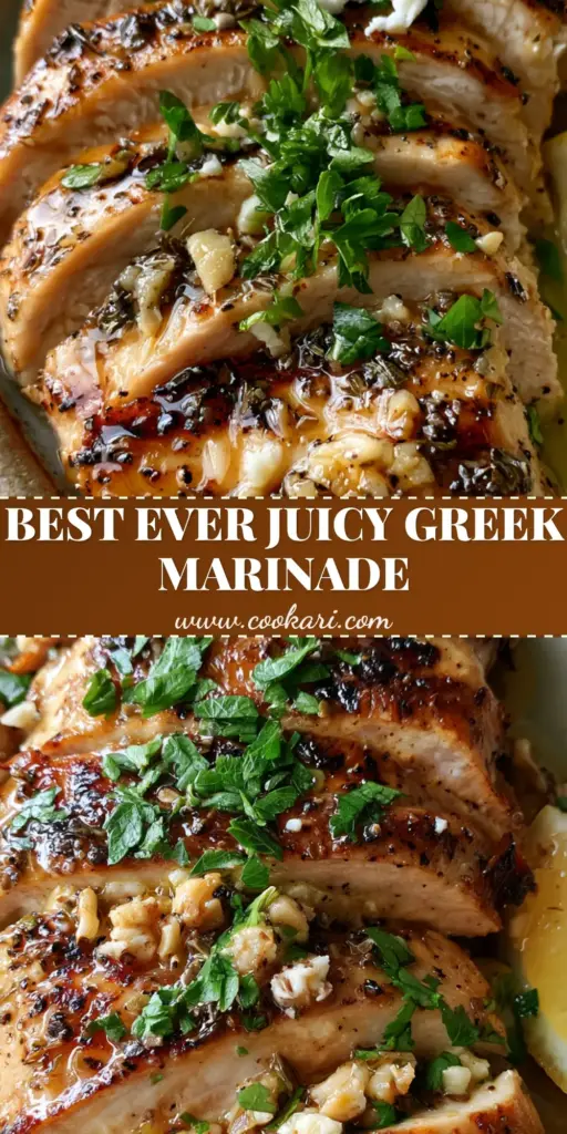 Greek chicken marinade for the Juiciest Mediterranean Grilled Chicken 3 Juicy sliced grilled chicken breast with golden char marks, glistening olive oil, and herbs. (Greek chicken marinade)