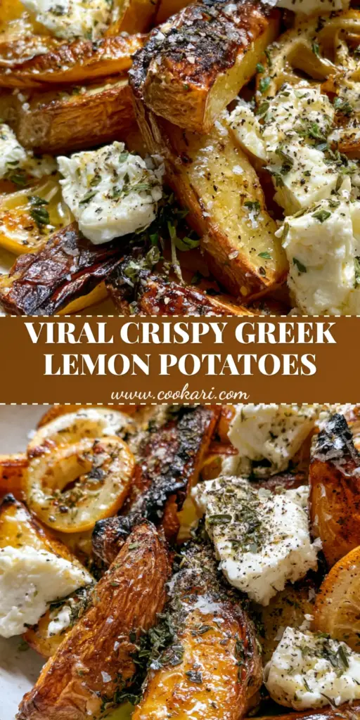 A close-up shot of crispy Greek potatoes with blistered edges, topped with crumbled feta, fresh oregano, and charred lemon slices.