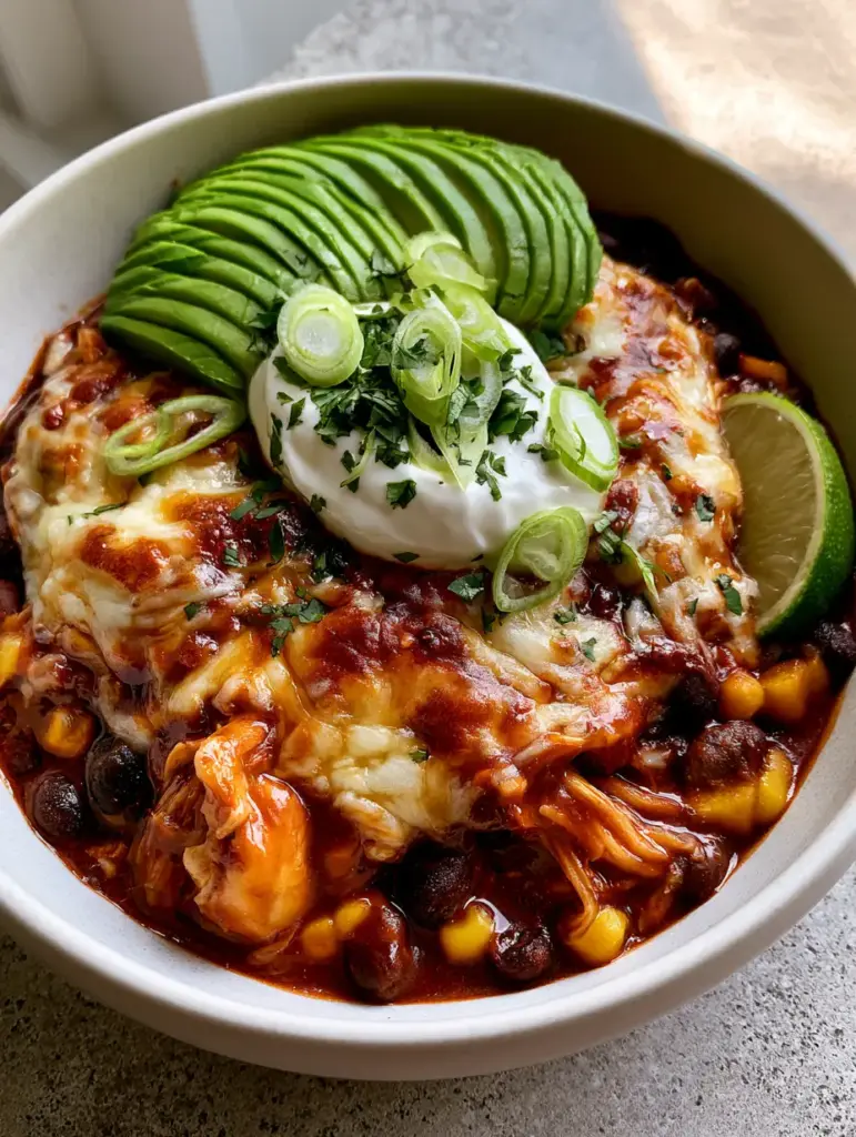 Chicken Enchilada Bowls: The Ultimate 20-Minute Weeknight Dinner 1 A top-down view of a chicken enchilada bowl featuring a lime wedge and fresh cilantro garnish.