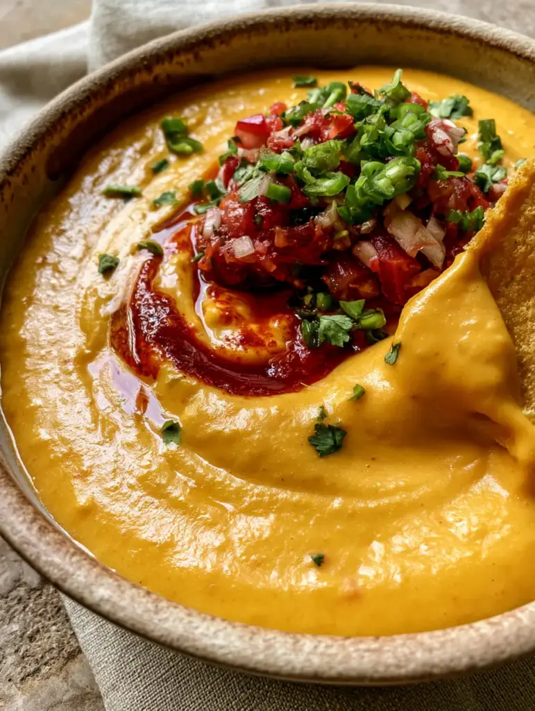 Whole30 Chili Con Queso: The Ultimate Silky Cashew Cheese Dip 2 Close-up of glossy golden-orange Whole30 Chili Con Queso with fresh cilantro and jalapeño toppings.