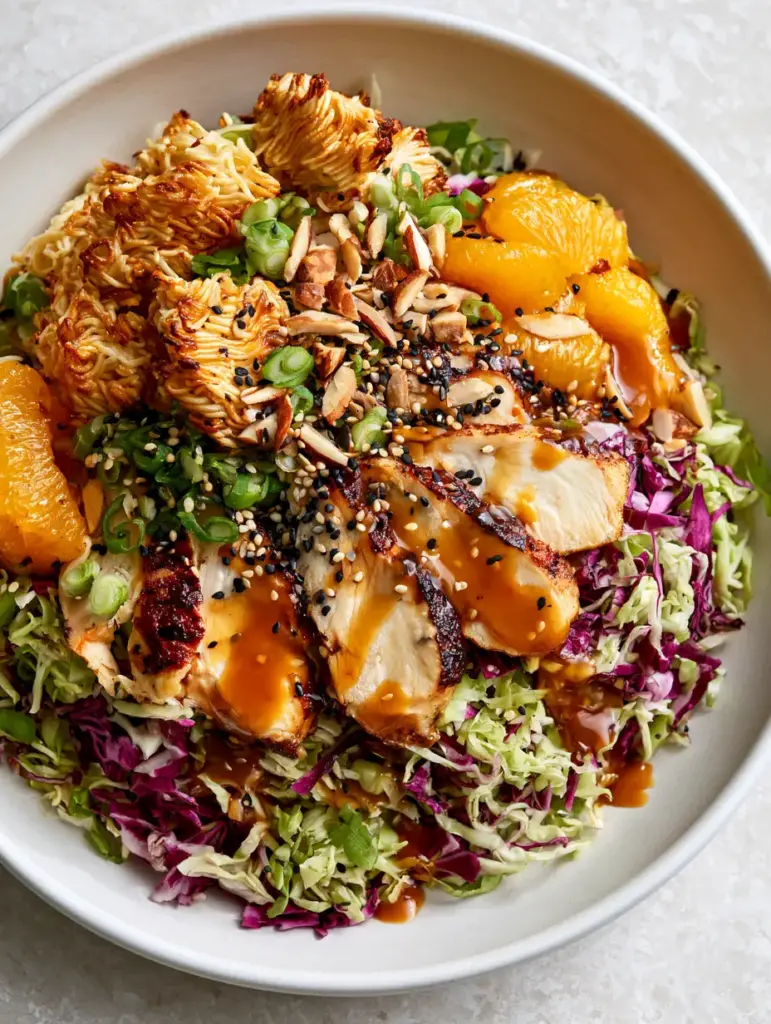 Close up of glossy amber sesame dressing drizzled over ramen Chinese chicken salad with black and white sesame seeds.