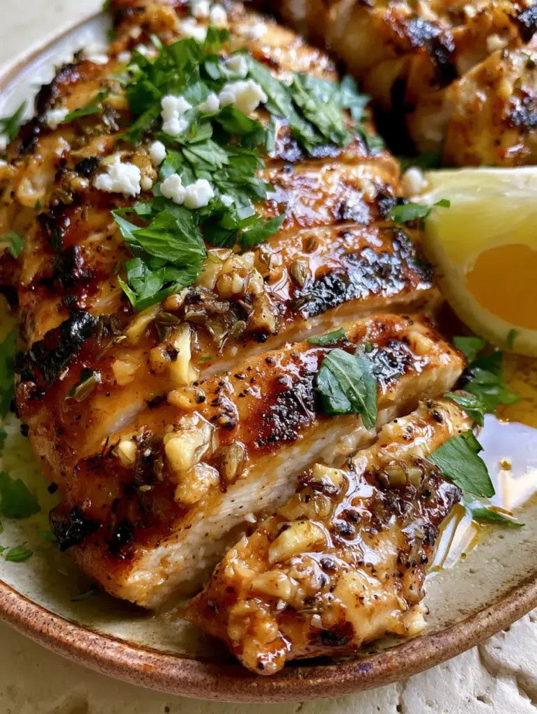 Greek chicken marinade for the Juiciest Mediterranean Grilled Chicken 2 Macro close-up of seared chicken breast with garlic and dried oregano. (Greek chicken marinade)