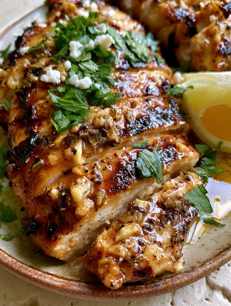 Greek chicken marinade for the Juiciest Mediterranean Grilled Chicken 4 Macro close-up of seared chicken breast with garlic and dried oregano. (Greek chicken marinade)