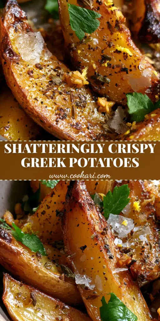 A rustic bowl filled with crispy greek potatoes featuring charred edges, sea salt, and fresh parsley garnish.