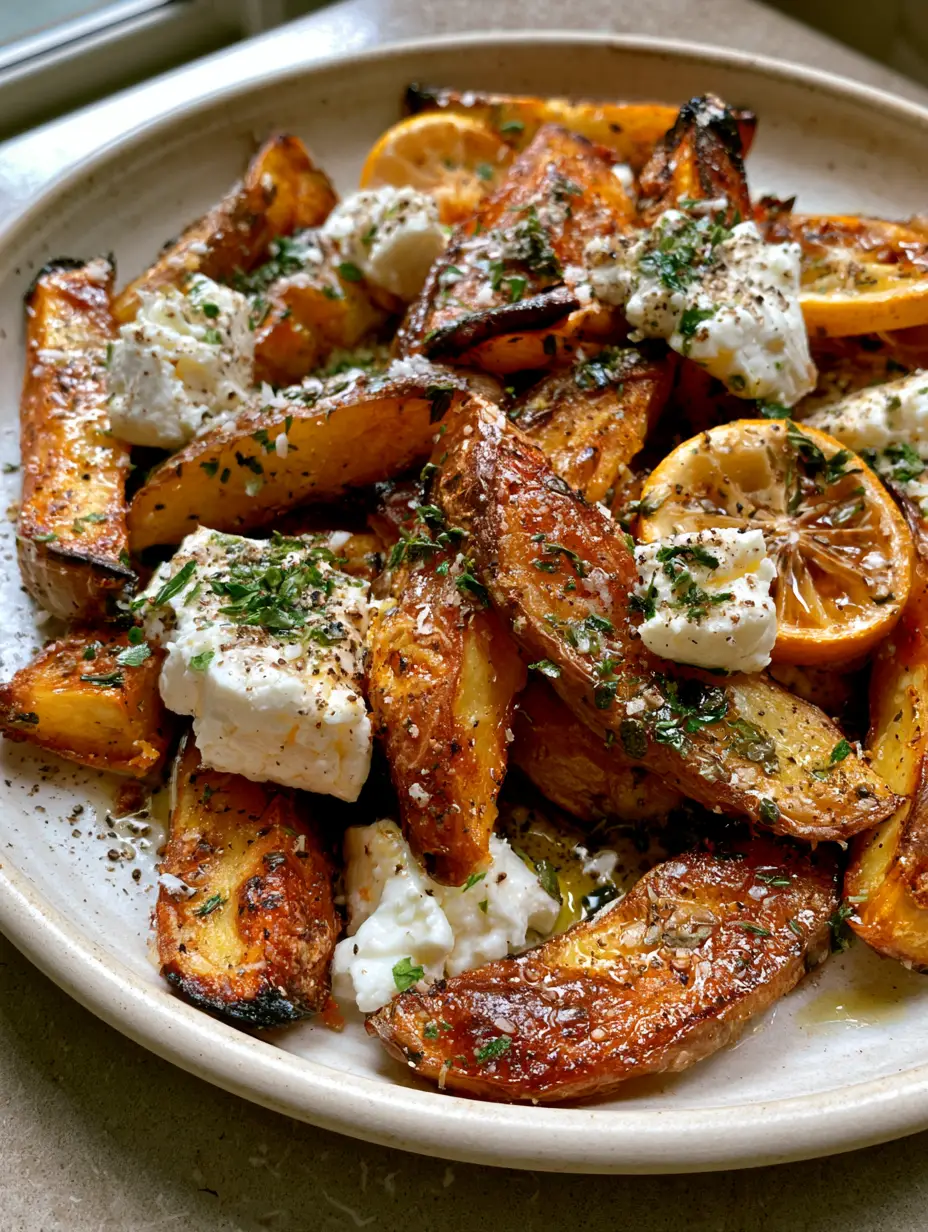 Smartphone photo of golden-brown Greek potatoes on a rustic platter with visible sea salt and cracked pepper.