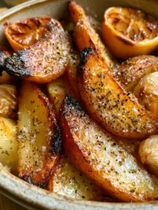 Macro shot of glistening Authentic Greek Potatoes with dried oregano and coarse sea salt.