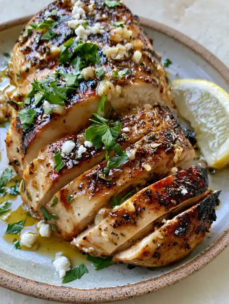 Greek chicken marinade for the Juiciest Mediterranean Grilled Chicken 1 Slices of Mediterranean chicken garnished with fresh parsley and crumbled feta cheese.