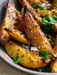 Close-up of shatteringly crispy greek potatoes with visible golden garlic bits and lemon zest.
