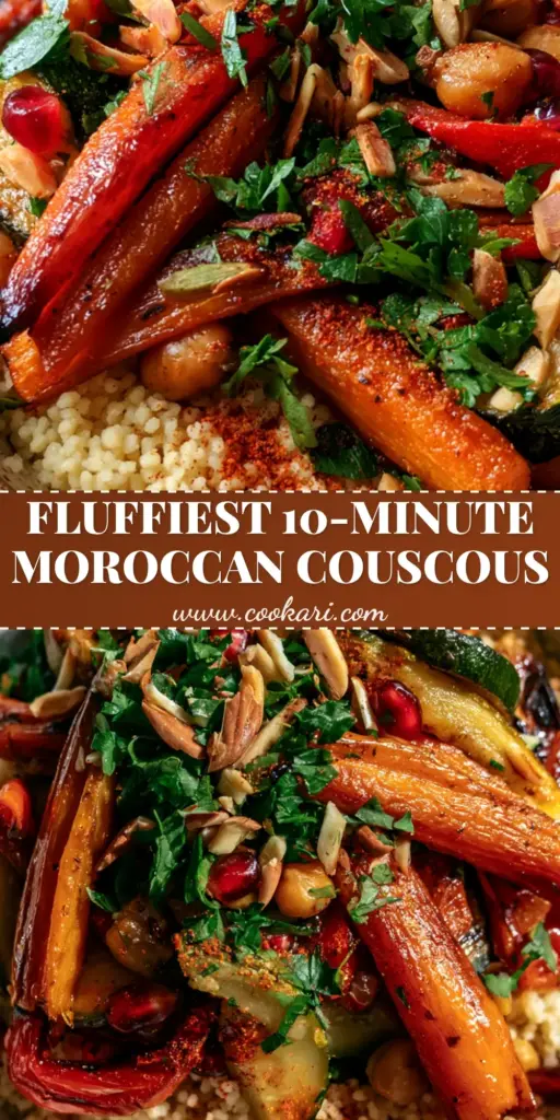 A rustic ceramic bowl of fluffy Moroccan couscous topped with caramelized carrots, red peppers, and green parsley.