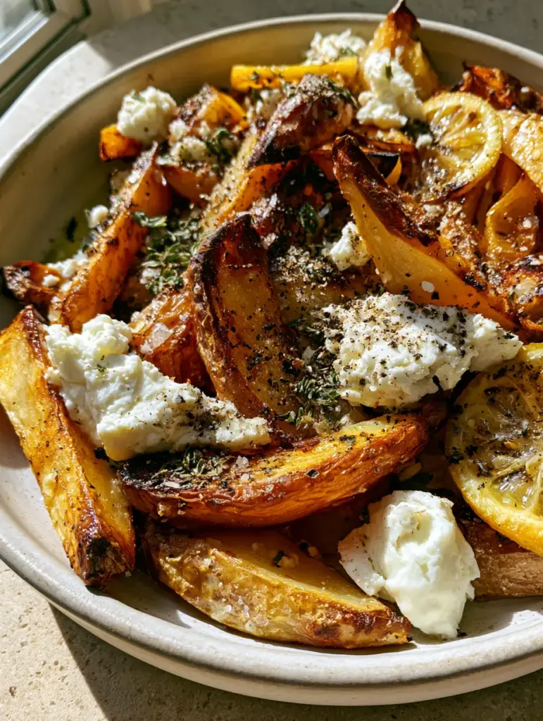 Overhead view of roasted Greek potatoes mixed with charred lemon slices and large chunks of white feta cheese.