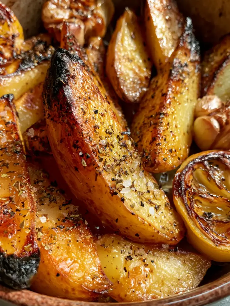 Authentic Greek Potatoes: The Ultimate Crispy Lemon Garlic Wedges 1 Rustic ceramic pan filled with roasted lemon garlic potato wedges and charred lemon halves.
