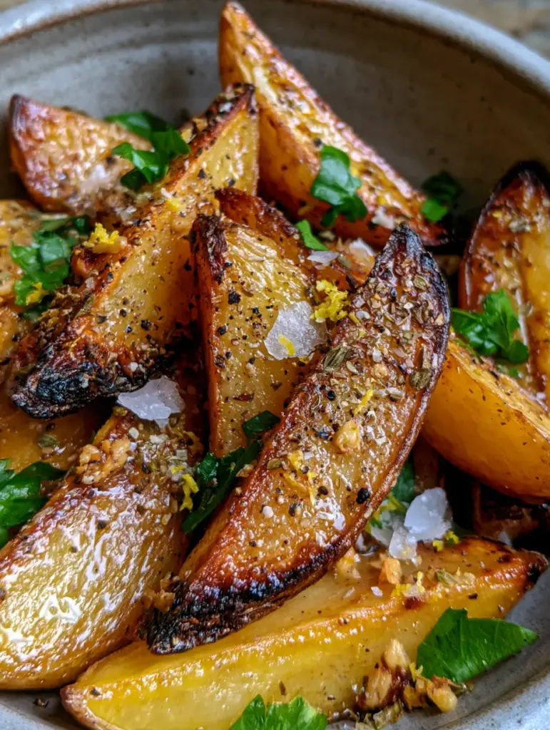 Thick-cut potato wedges roasted to a deep golden-yellow with dried oregano and salt flakes.