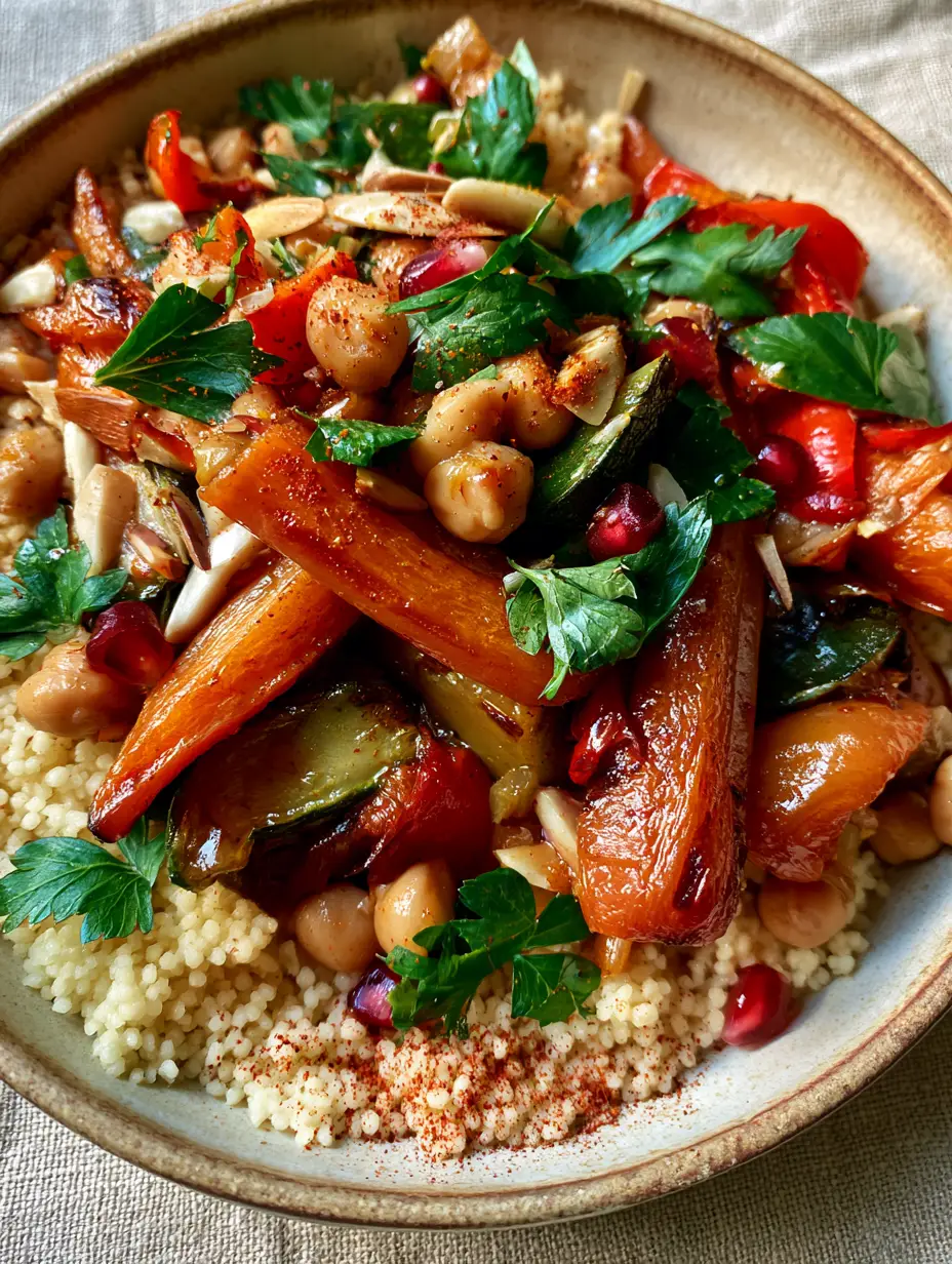 High-angle close-up of golden Moroccan couscous with roasted red bell peppers and chickpeas.