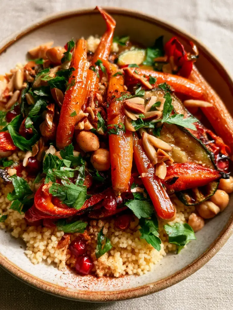 Detailed shot of caramelized carrot batons and pomegranate seeds over steamed Moroccan couscous.