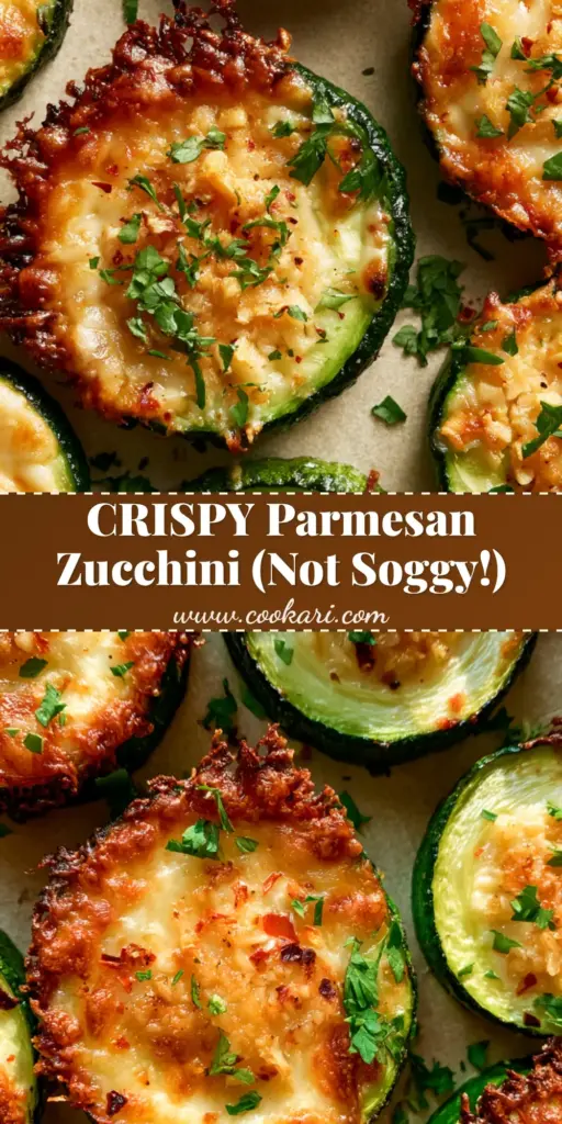 A close-up shot of baked zucchini with Parmesan cheese featuring golden-brown bubbly crusts and fresh parsley on parchment paper.
