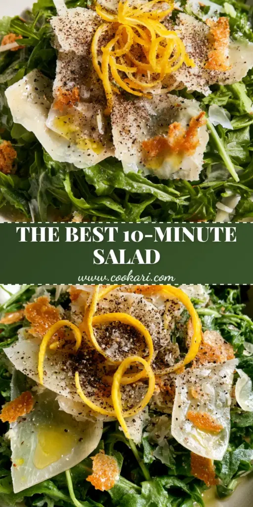 A top-down shot of a Lemon Parmesan Salad with bright lemon zest and large parmesan flakes in a matte white bowl.