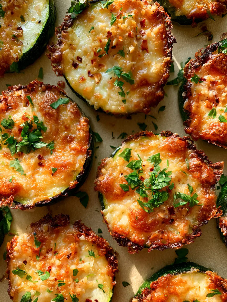 Extreme top-down macro photo of roasted baked zucchini with Parmesan cheese rounds with lacy charred edges.
