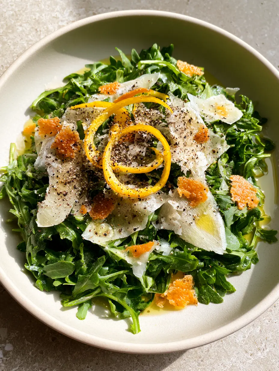 Macro shot of peppery arugula leaves glistening with olive oil and lemon juice droplets in a Lemon Parmesan Salad.