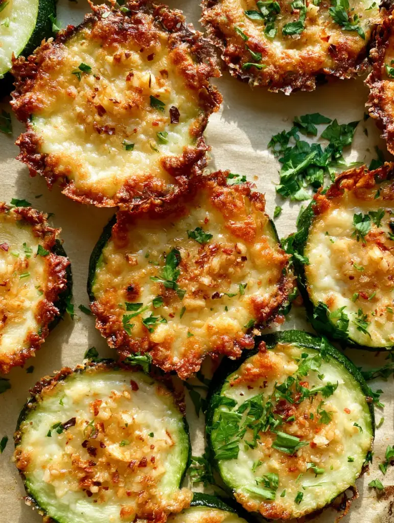A tray of baked zucchini with Parmesan cheese showing vibrant green centers and roasted garlic bits.