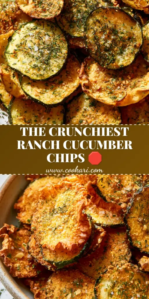 A close-up of crispy Ranch Cucumber Chips in a rustic bowl with visible dill and golden edges.