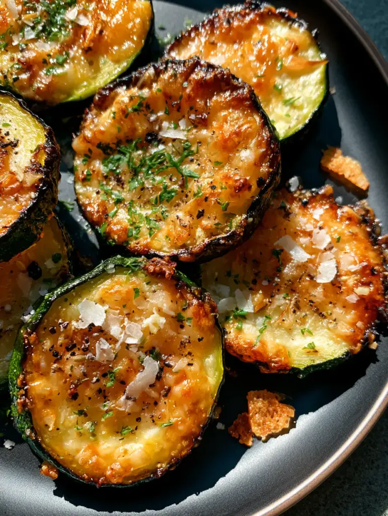 Baked Parmesan Zucchini: The Ultimate Crispy Garlic Roasted Side Dish 1 Golden brown Roasted Zucchini rounds with toasted minced garlic and sea salt flakes.