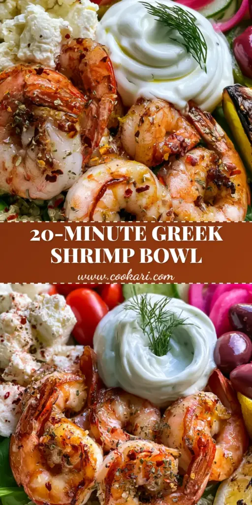 A high-angle shot of a Greek Shrimp Mediterranean Bowl featuring charred jumbo shrimp, chunky feta, cucumbers, and a swirl of tzatziki on a bed of quinoa.