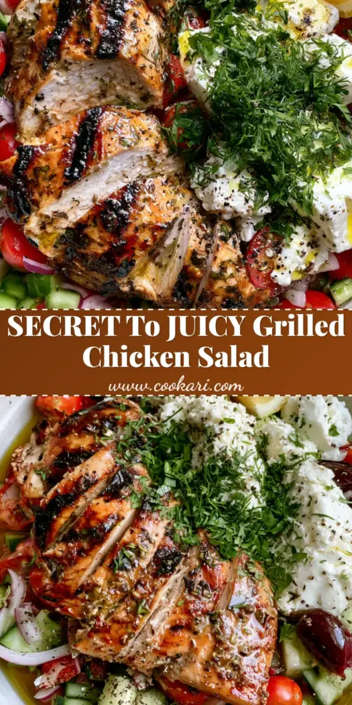 Grilled Chicken Salad with Lemon-Herb Glaze and Mediterranean Veggies 3 A vertical Pinterest-style photo of a Mediterranean Grilled Chicken Salad with seared chicken strips, feta, and fresh herbs in a white bowl.
