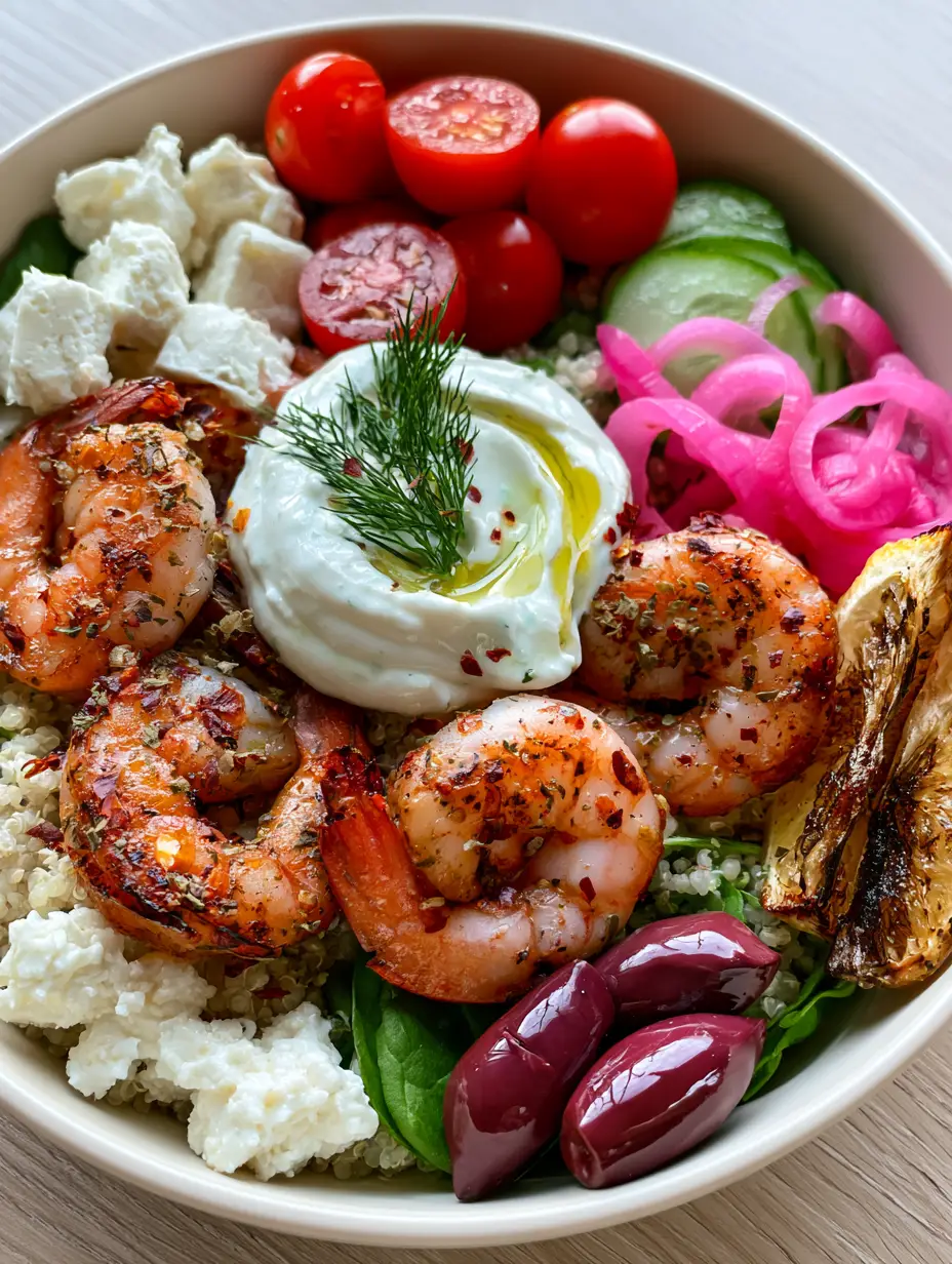 Top-down angled close-up of a Greek Shrimp Mediterranean Bowl in a white ceramic bowl with seared shrimp and fresh herbs.