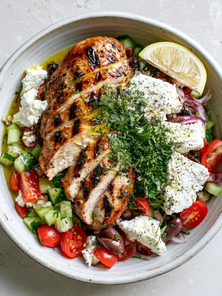 Grilled Chicken Salad with Lemon-Herb Glaze and Mediterranean Veggies 2 Top-down view of a Grilled Chicken Salad featuring dark sear marks on chicken breast, cucumbers, and tomatoes in a rustic ceramic bowl.
