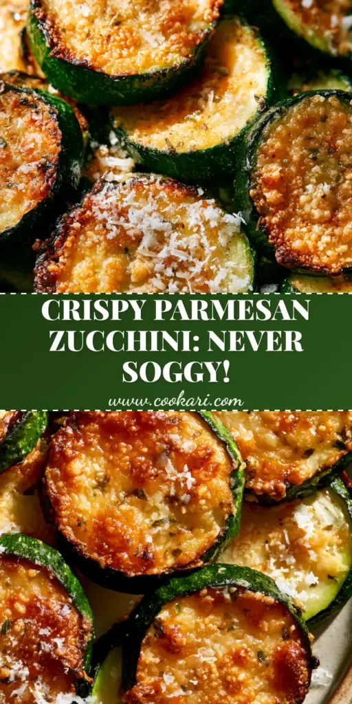 A close-up vertical shot of crispy baked zucchini rounds with a golden parmesan crust and green herb flecks, perfect for Pinterest.