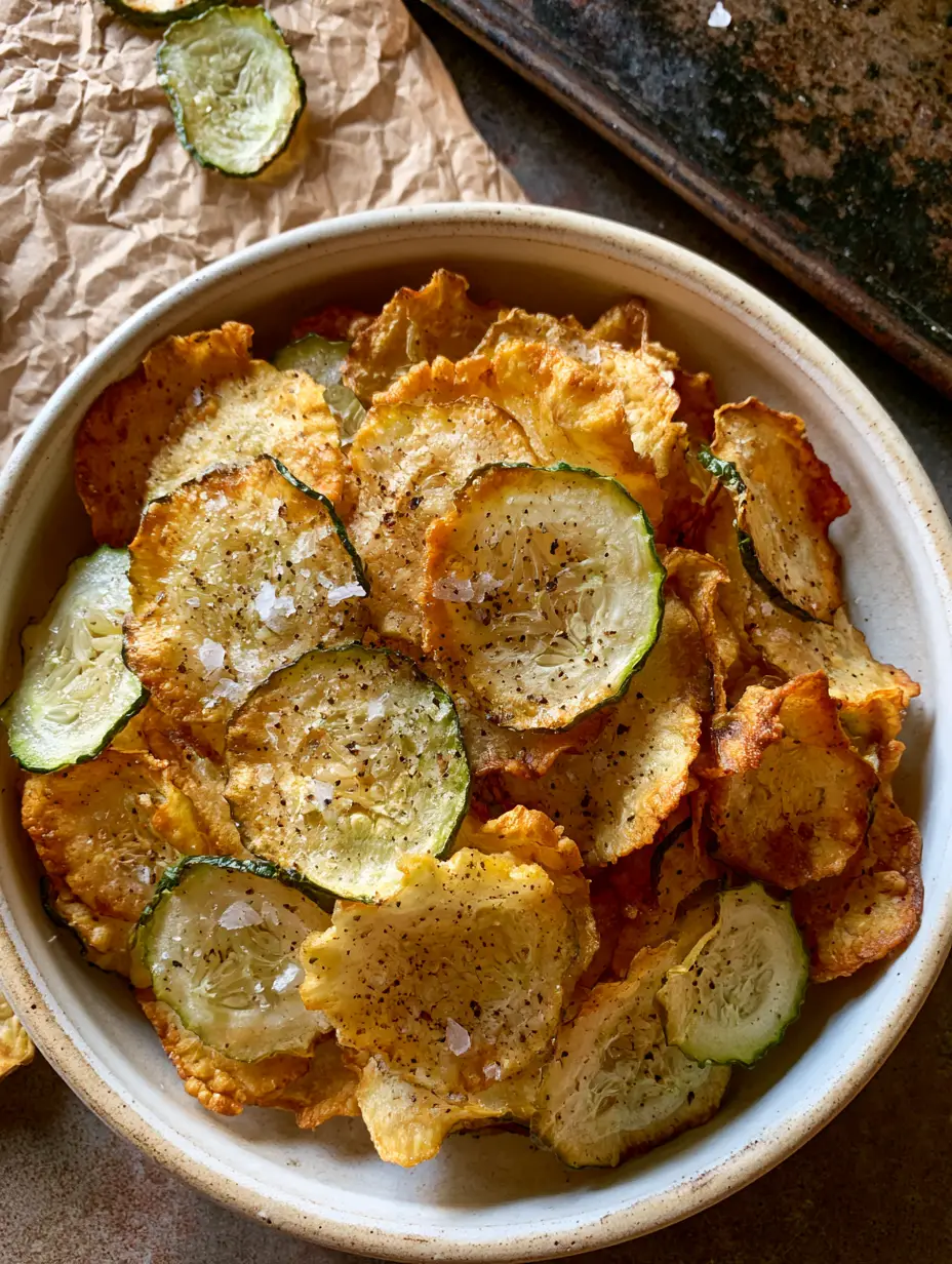 Oven Baked Cucumber Chips: The Ultimate Crispy Low-Carb Snack Guide 3 Top-down view of ultra-thin oven baked cucumber chips on crinkled brown parchment paper with cracked pepper.