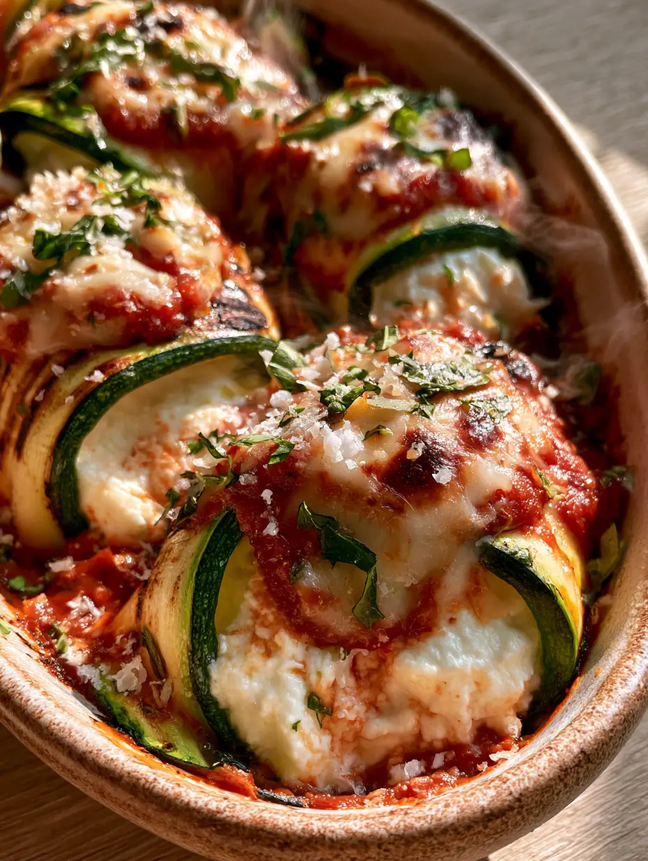 Zucchini Lasagna Roll Ups with Charred Ribbons and Bubbly Mozzarella 3 Angled close-up of zucchini lasagna roll ups with golden grill marks and melting mozzarella cheese.