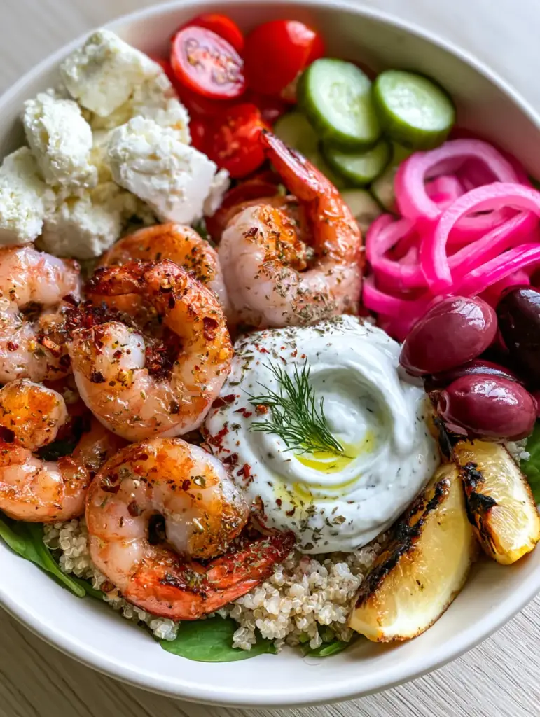 Detailed shot of Mediterranean bowl toppings including pickled red onions, Kalamata olives, and creamy tzatziki sauce.