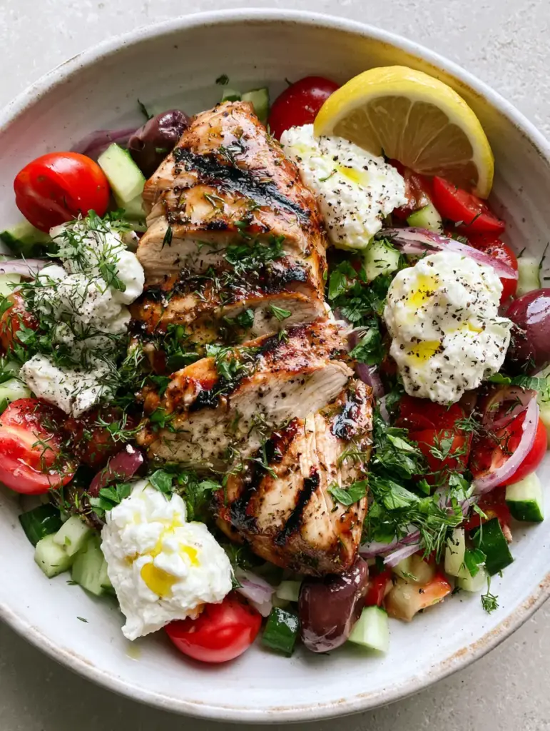 Grilled Chicken Salad with Lemon-Herb Glaze and Mediterranean Veggies 1 Close-up of Grilled Chicken Salad showing the glistening lemon-herb glaze, crumbled feta, and fresh dill garnish.