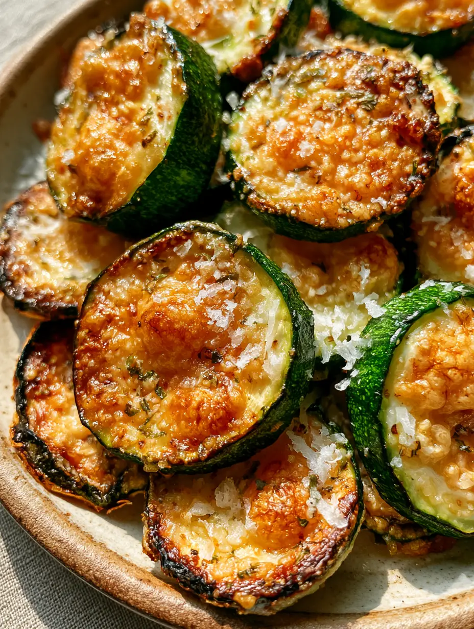 Top-down view of baked zucchini rounds on a rustic plate, showing golden-brown bubbly parmesan and vibrant emerald skin.