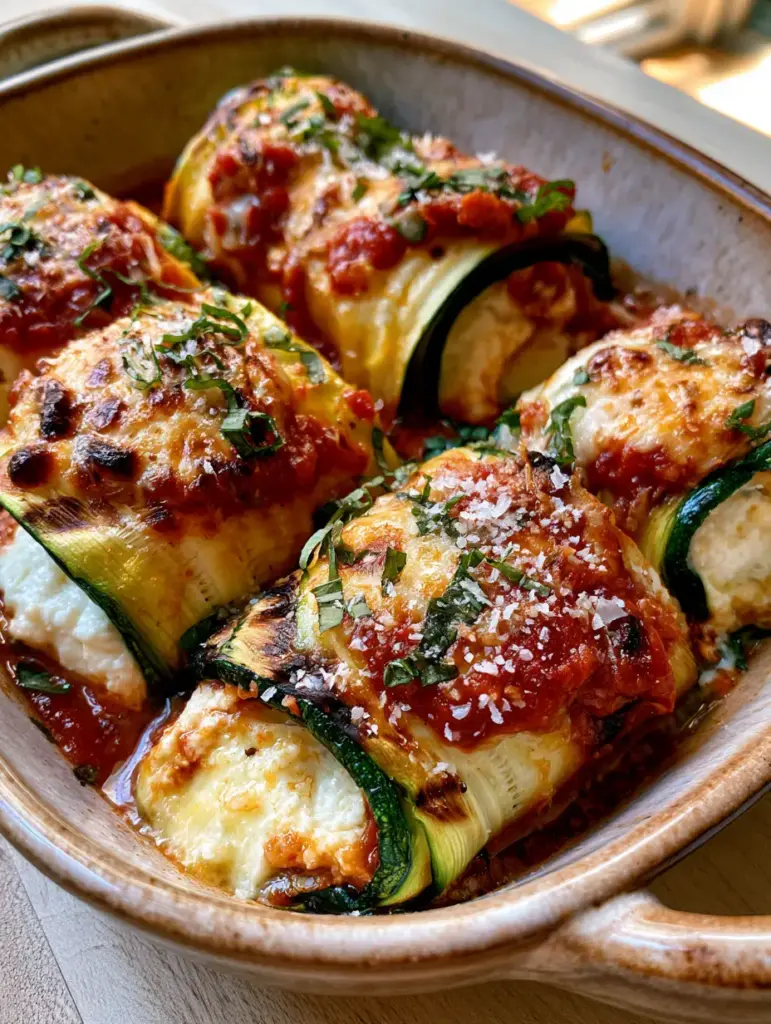 Zucchini Lasagna Roll Ups with Charred Ribbons and Bubbly Mozzarella 1 Four perfectly rolled zucchini lasagna roll ups showing rich ricotta filling and thick marinara.