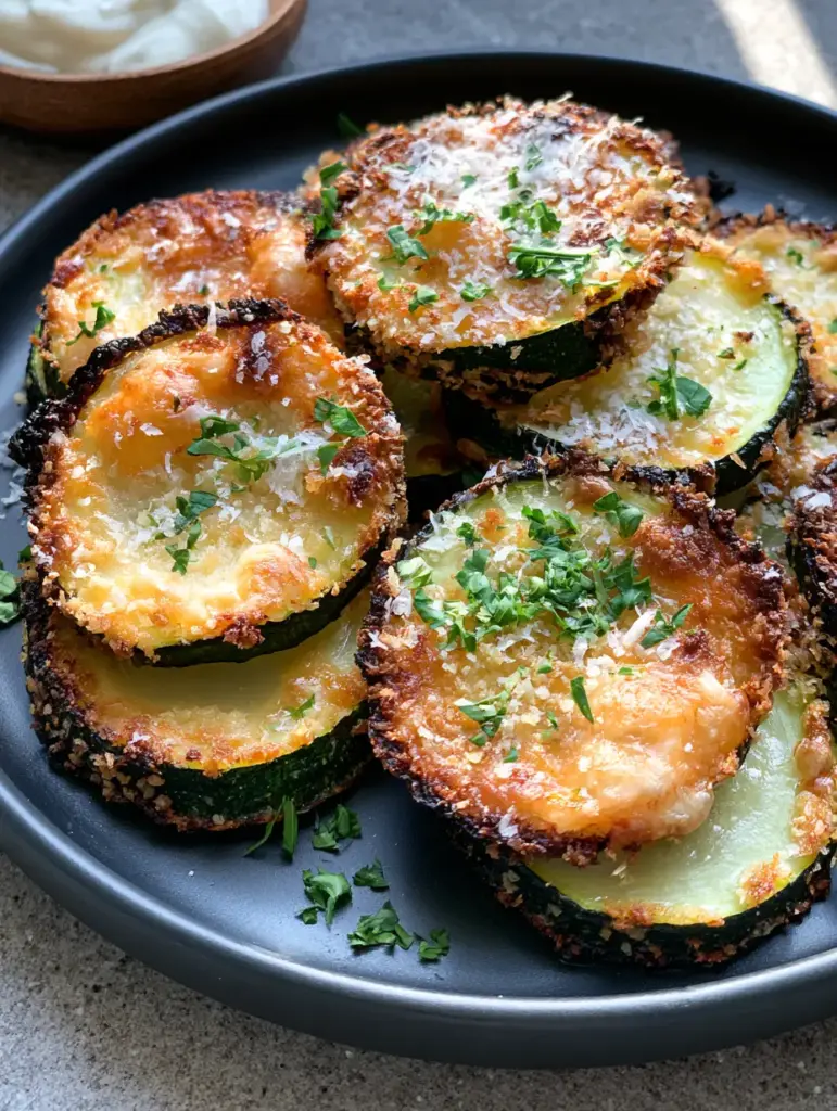 Baked Parmesan-Herb Zucchini: The Ultimate Crispy Golden Rounds 2 Close-up 45-degree angle shot of Baked Parmesan-Herb Zucchini rounds showing bubbling cheese texture and charred edges.