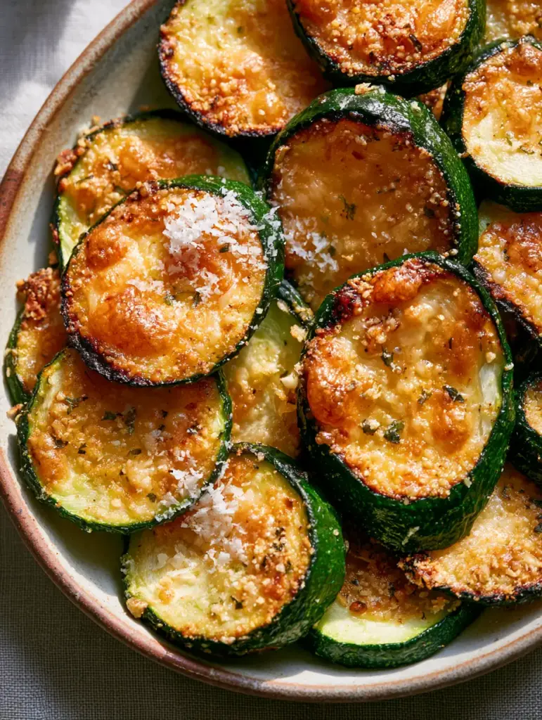 Close-up of baked zucchini focusing on the toasted garlic granules and dried herb flecks on a golden cheese topping.