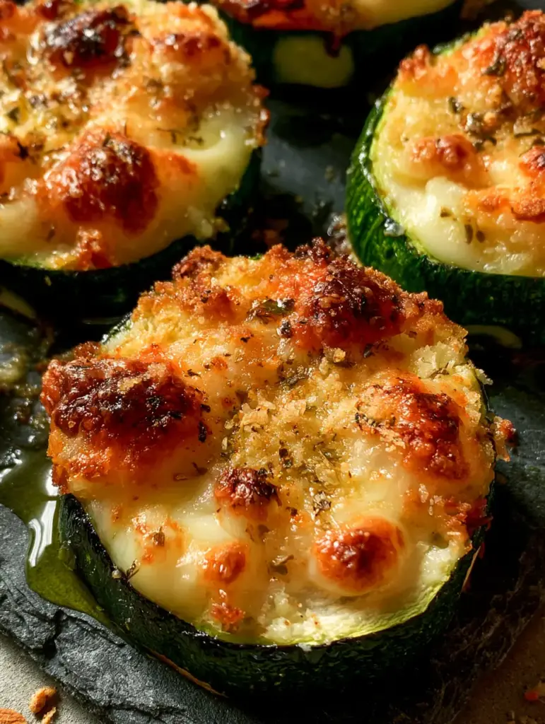 Baked Zucchini and Cheese with a Golden Parmesan Crust 2 Top-down view of thick-cut baked zucchini and cheese rounds showing vibrant green skins and melted bubbly cheese.