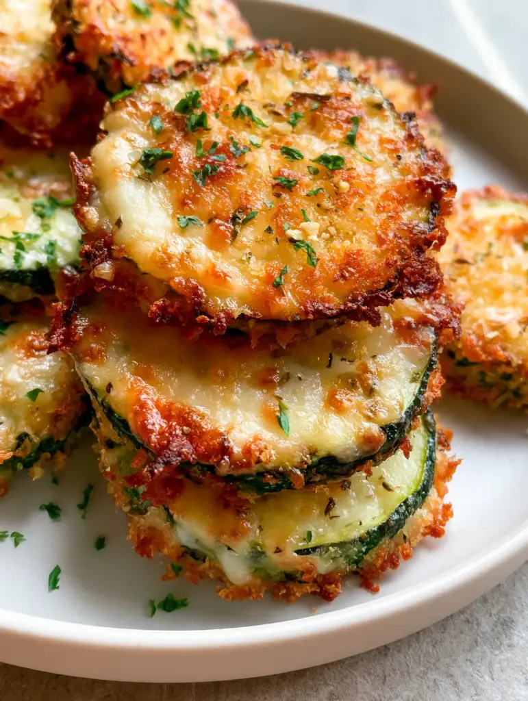 Baked Parmesan Zucchini Recipe: The Ultimate Crispy Garlic Herb Rounds 2 Extreme macro close-up of a baked Parmesan zucchini recipe round showing the shatter-crisp panko crust and caramelized cheese edges.