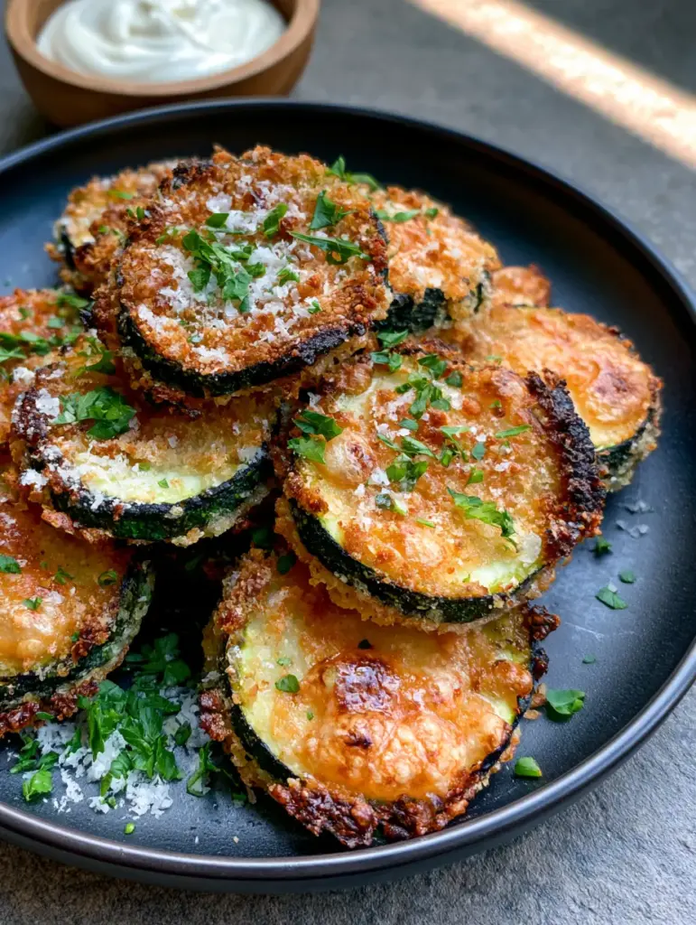 Baked Parmesan-Herb Zucchini: The Ultimate Crispy Golden Rounds 1 Stack of golden-brown baked zucchini rounds on a minimalist matte black plate with fresh parsley dusting.