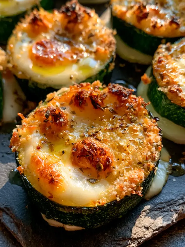 Baked Zucchini and Cheese with a Golden Parmesan Crust 1 Macro photography of golden-brown toasted parmesan crust on baked zucchini and cheese.