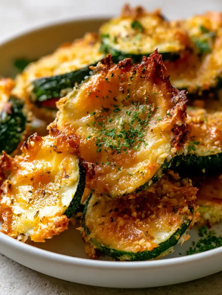 Baked Parmesan Zucchini Recipe: The Ultimate Crispy Garlic Herb Rounds 1 Neatly stacked firm green zucchini rounds with golden-brown breading and fresh emerald-green parsley garnish.