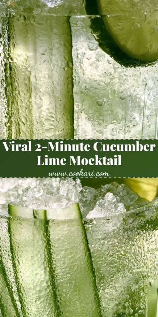 A tall ribbed glass filled with a cucumber lime mocktail, crushed ice, translucent cucumber ribbons, and a mint sprig.