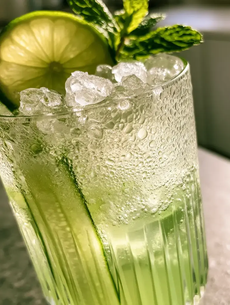 Extreme close-up of a cucumber lime mocktail with cold condensation and sparkling bubbles.