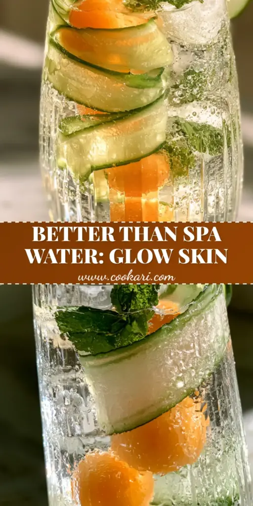 A tall ribbed glass filled with Melon Cucumber Mojito Water, featuring orange cantaloupe balls and green cucumber ribbons wrapped around large ice cubes.