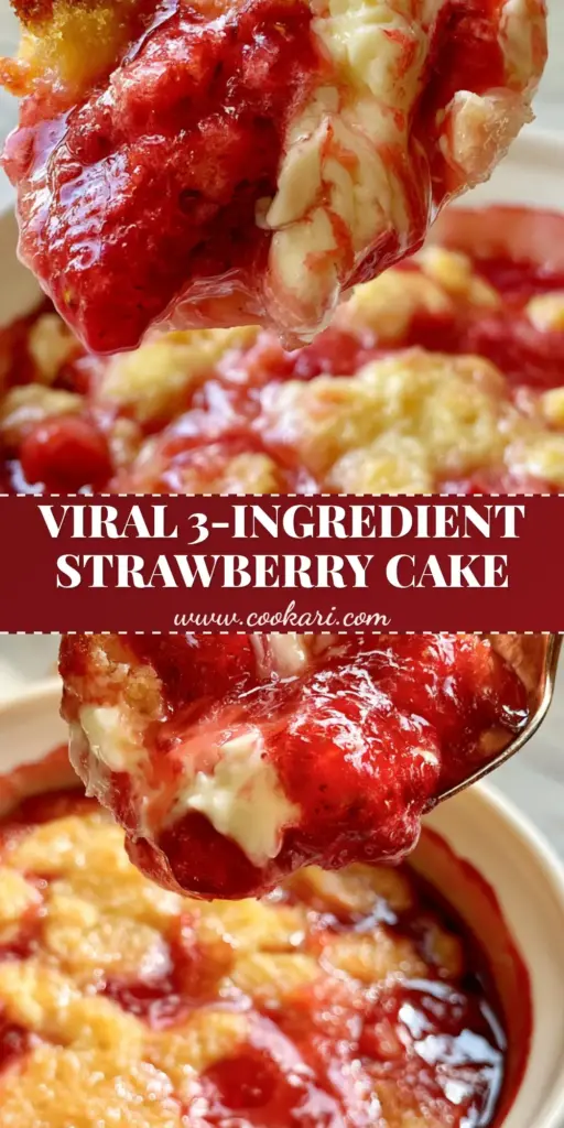 A vertical split-screen showing a gooey scoop of strawberry cheesecake dump cake with molten red filling and a golden buttery crust.