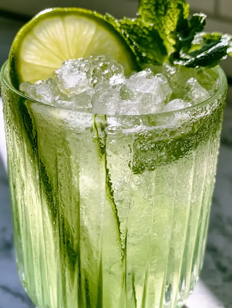 Smartphone photo of a refreshing cucumber lime mocktail on a kitchen counter.