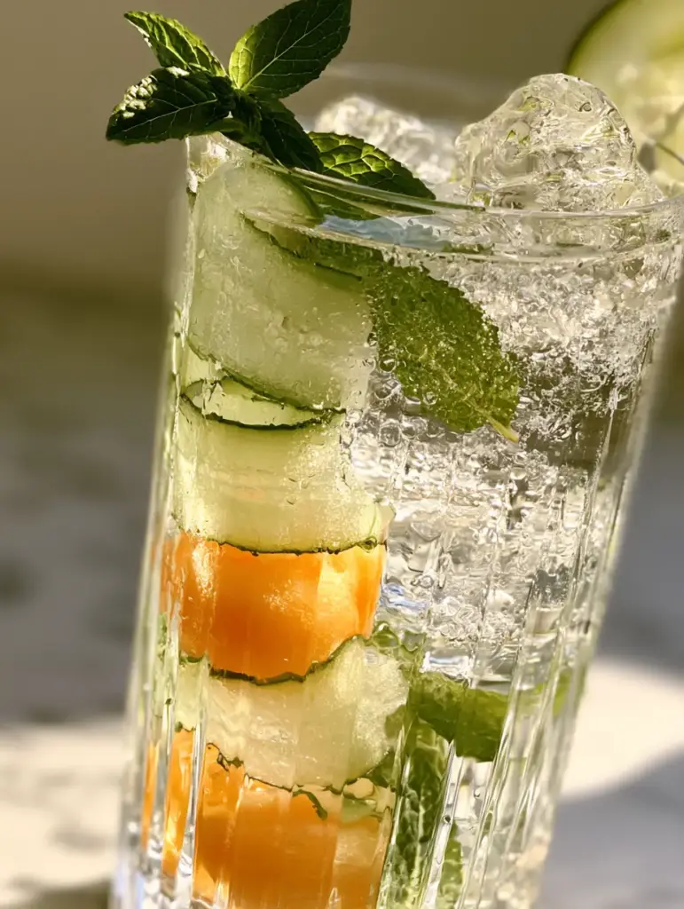 Close-up of translucent cucumber ribbons and orange melon spheres in Melon Cucumber Mojito Water with condensation droplets.