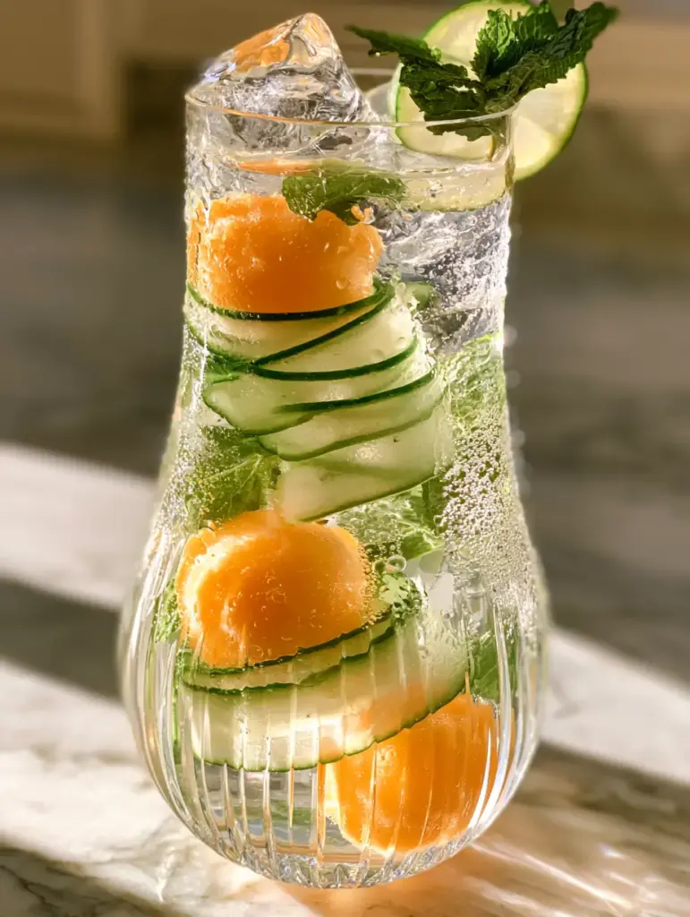 Artisanal ice cubes and mint leaves submerged in clear Melon Cucumber Mojito Water inside a luxurious ribbed glass.